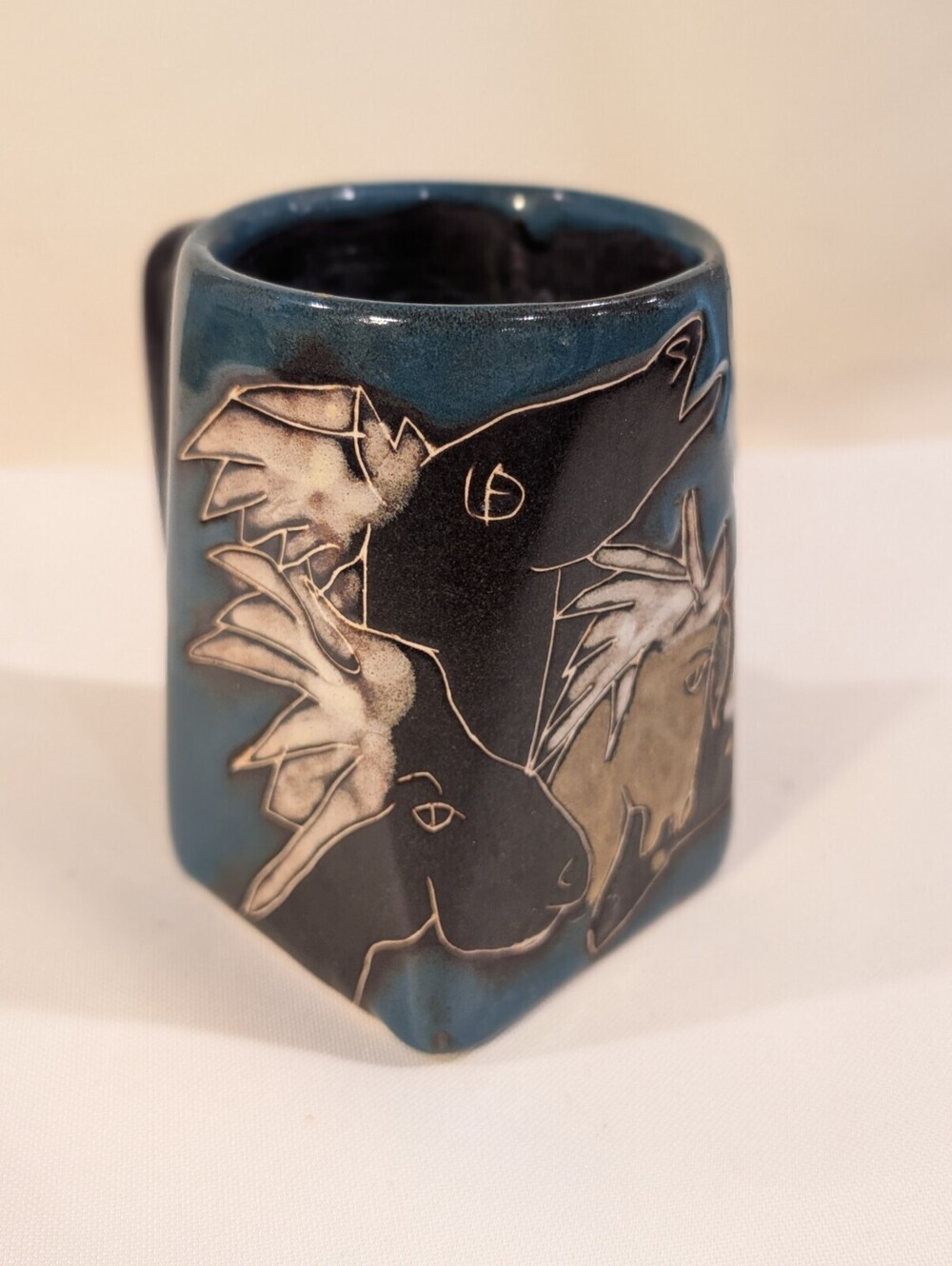 Mara Mexico Stoneware Horse Mug Signed Hand Engraved Teal Black